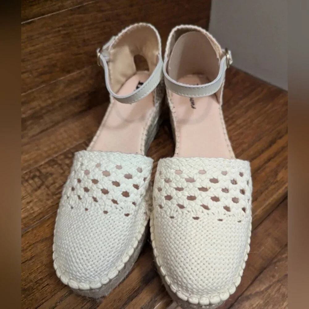 Browns Crochet Espadrille Sandal, cream Woven Fabric Jute Platform SZ 11 EU 41